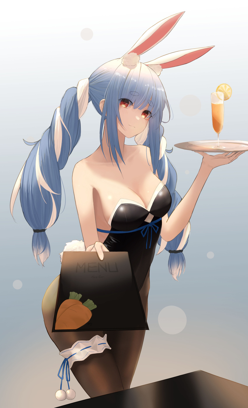 1girl absurdres animal_ear_fluff animal_ears backless_outfit bangs bare_arms bare_shoulders black_legwear black_leotard blue_hair breasts cleavage collarbone est_(est_illust) eyebrows_visible_through_hair highres holding holding_plate hololive lens_flare leotard long_hair medium_breasts multicolored_hair panties pantyshot plate playboy_bunny rabbit_ears rabbit_girl rabbit_tail red_eyes rei_no_himo shiny shiny_hair sidelocks silver_hair solo standing strapless strapless_leotard tail thigh_strap two-tone_hair underwear usada_pekora very_long_hair