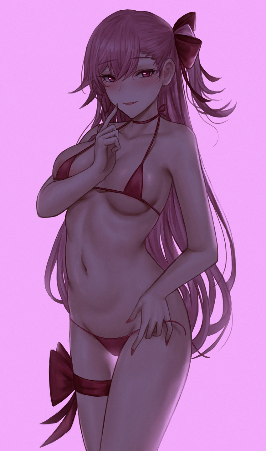 1girl :d bangs bikini blush breasts chinese_commentary choker commentary english_commentary eyebrows_visible_through_hair girls'_frontline highres long_hair looking_at_viewer micro_bikini mixed-language_commentary navel negev_(girls'_frontline) pink_eyes pink_hair pink_nails purple_background red_bikini selcky side_ponytail simple_background smile solo swimsuit thigh_strap very_long_hair