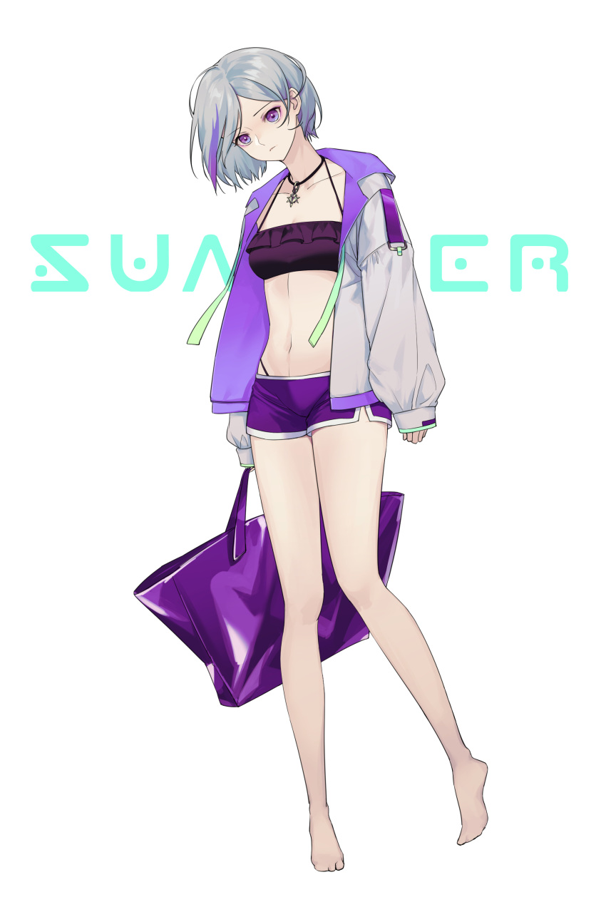 1girl absurdres bag bangs bare_legs barefoot bikini bikini_under_clothes black_bikini breasts cleavage closed_mouth collarbone contender_(girls'_frontline) danxing_aipangzi dolphin_shorts full_body girls'_frontline halterneck highres holding holding_bag jacket jewelry long_sleeves medium_breasts midriff multicolored_hair navel necklace open_clothes open_jacket parted_bangs purple_eyes purple_shorts short_hair short_shorts shorts silver_hair small_breasts solo stomach streaked_hair swimsuit white_jacket