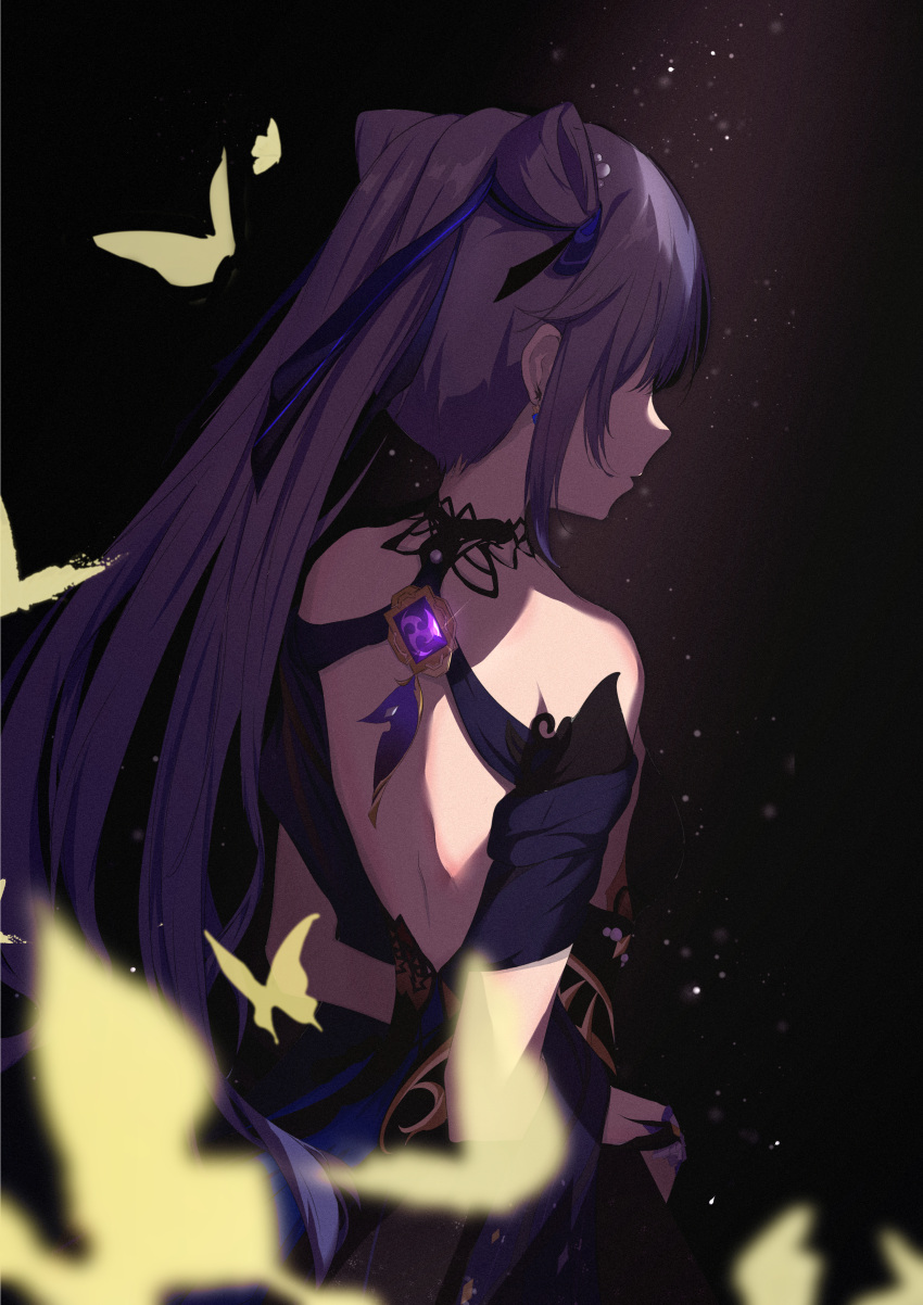 1girl absurdres backless_outfit blurry blurry_foreground bug butterfly from_behind genshin_impact hair_cones hair_over_eyes hermityy highres keqing_(genshin_impact) long_hair purple_hair shoulder_blades solo very_long_hair