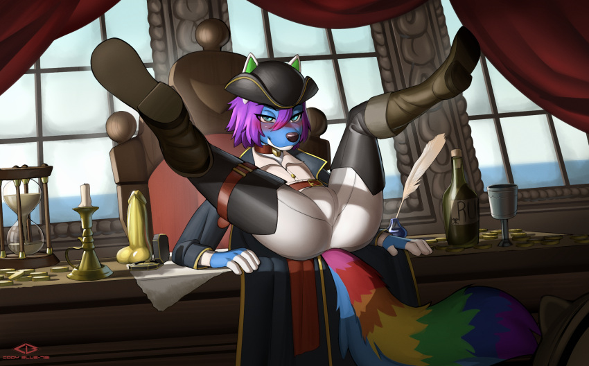 5_fingers alcohol anthro beverage blue_body blue_eyes boots bottomwear butt canid canine canis cloak clothing codyblue-731 day detailed_background dildo domestic_dog fingers footwear fur furniture hair hat headgear headwear hi_res icarus_skyhawk light looking_at_viewer male male/male mammal pants pirate purple_hair rum sex_toy ship shirt sky smile solo sunlight table topwear vehicle watercraft