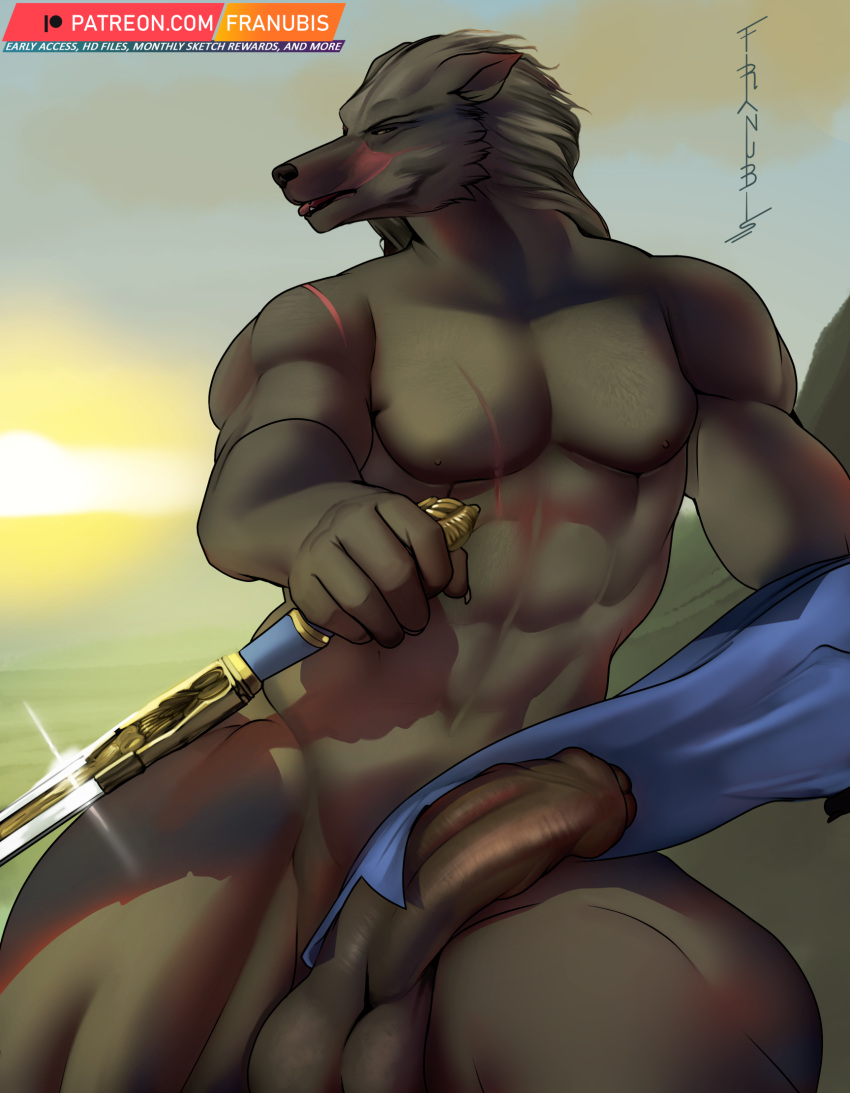 2022 abs anthro balls big_penis biped blaidd_(elden_ring) canid canine canis digital_media_(artwork) elden_ring erection facial_scar foreskin franubis fromsoftware fur genitals grey_body grey_fur hi_res holding_object holding_sword holding_weapon humanoid_genitalia humanoid_penis male mammal melee_weapon muscular muscular_anthro muscular_male outside partially_retracted_foreskin pecs penis scar solo sword video_games weapon wolf