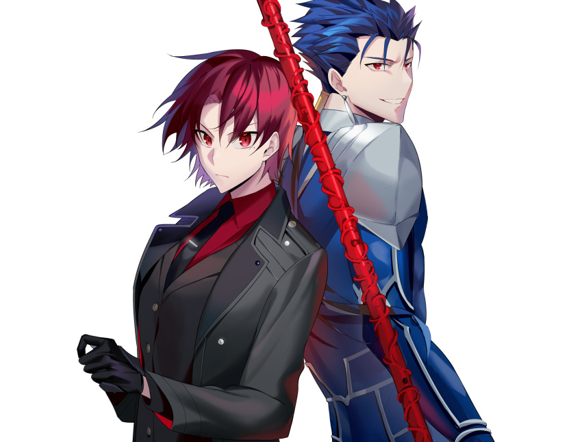 1boy 1girl back-to-back bazett_fraga_mcremitz black_gloves bodysuit coat cu_chulainn_(fate) cu_chulainn_(fate/stay_night) fate/grand_order fate_(series) formal gae_bolg_(fate) gloves highres lanceron manannan_mac_lir_(first_ascension)_(fate) mole mole_under_eye necktie polearm short_hair spear suit weapon white_background