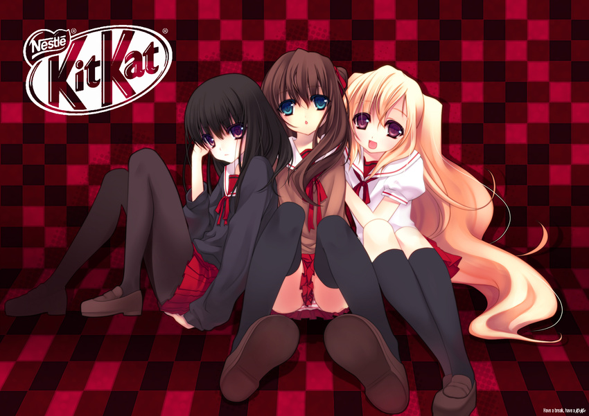 :o bad_id bad_pixiv_id black_hair black_legwear blonde_hair blue_eyes brown_hair checkered checkered_background checkered_floor hand_in_hair highres kitkat kneehighs lips loafers multiple_girls nana_mikoto nestle open_mouth original panties pantyhose pantyshot pantyshot_(sitting) perspective purple_eyes school_uniform shoes sitting skirt socks striped striped_panties thighhighs underwear upskirt