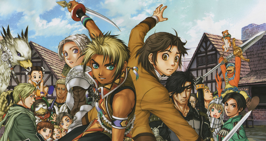 6+boys :d ^_^ absurdres alanis_(suikoden) annotated aqua_eyes arm_up armband armor axe back-to-back belt bird black_eyes black_hair blonde_hair blue_eyes blush_stickers boots bracelet braid brown_eyes brown_hair cecile_(suikoden) chris_lightfellow closed_eyes cloud dark_skin day detached_sleeves dog double_bun duck eike elliot_(suikoden) everyone eyepatch fangs fighting_stance frown fubar fur_trim geddoe gensou_suikoden gensou_suikoden_iii gloves green_eyes grey_eyes grey_hair griffin grin hair_ribbon helmet highres huge_weapon hugo_(suikoden_iii) ishikawa_fumi jewelry jimba juan jumping knife koroku lipstick loincloth long_sleeves looking_back makeup melville_(suikoden) multiple_boys multiple_girls muto_(suikoden) nash_latkje necklace object_on_head official_art open_mouth outdoors pendant polearm purple_eyes queen_(suikoden) ribbon scar scarf sgt_joe shabon_(suikoden) short_hair silver_hair sky smile spear sword thomas_(suikoden) weapon yellow_eyes