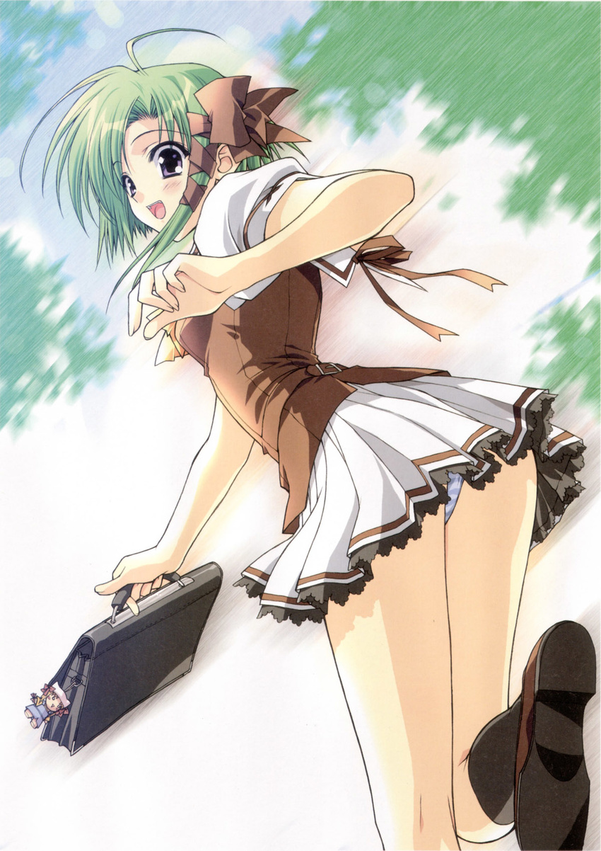 :d ahoge ass bag bangs black_legwear blue_eyes blue_panties blush bow character_doll chibi cloud dutch_angle green_hair hair_bow hair_ribbon highres holding keychain kneehighs kneepits lace lace-trimmed_skirt leaning_forward leg_lift loafers looking_back miniskirt motion_blur official_art open_mouth outdoors panties pantyshot pantyshot_(standing) pleated_skirt ribbon running scan school_bag school_uniform shigure_ama shigure_asa shirt shoes short_hair shuffle! sidelocks skirt sky smile socks standing standing_on_one_leg strap striped striped_panties suzuhira_hiro swept_bangs tress_ribbon underwear upskirt