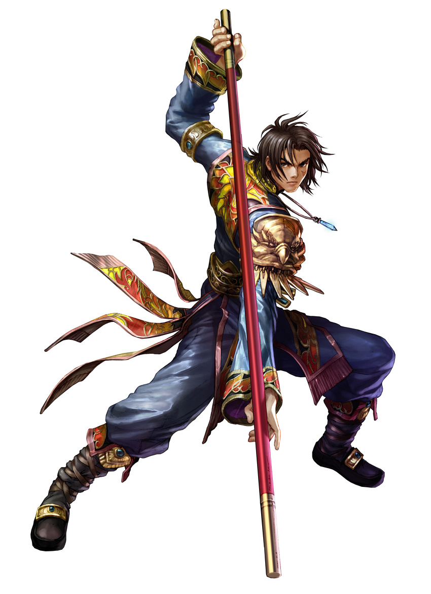 absurdres brown_hair highres jewelry kawano_takuji kilik_(soulcalibur) long_sleeves male_focus necklace official_art pose scar simple_background solo soulcalibur soulcalibur_iv staff weapon