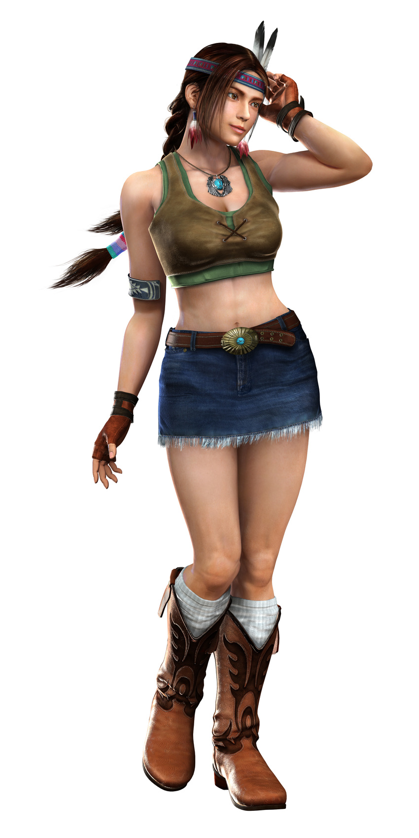 3d absurdres artist_request boots denim denim_skirt fingerless_gloves gloves headdress highres jewelry julia_chang leather native_american native_american_headdress necklace pencil_skirt skirt solo tekken tekken_5