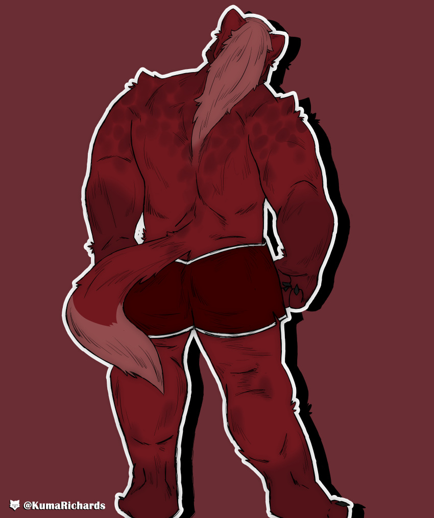 absurd_res anthro bottomwear clothing hi_res hyaenid kuma_richards male mammal photo pose rear_view shorts solo