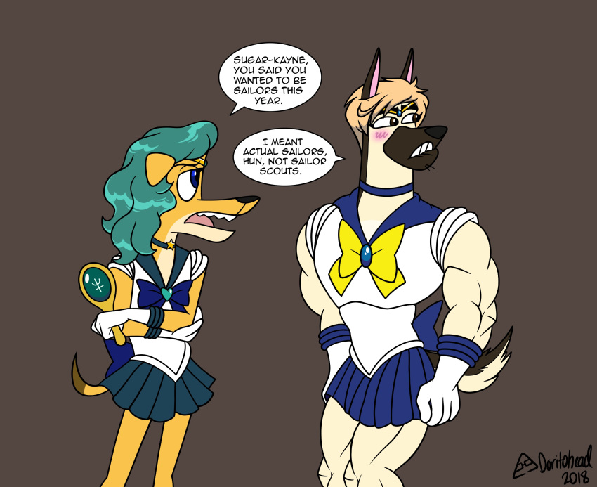 2018 anthro artist_name biceps bite biting_lip blue_eyes blush bottomwear brown_background brown_body brown_eyes brown_fur brown_hair canid canine canis clothed clothing corgidor cosplay crossdressing dialogue digital_media_(artwork) domestic_dog doritohead dress duo english_text eyelashes fingers fur german_shepherd gloves green_hair hair handwear herding_dog hi_res kaine_lewis male mammal mirror mixed_breed multicolored_body multicolored_fur muscular muscular_anthro muscular_male muscular_thighs pastoral_dog sailor_moon_(series) sailor_neptune sailor_uranus signature simple_background skirt tan_body tan_fur teeth text tongue two_tone_body two_tone_fur wally_pembroke white_body white_fur wig yellow_body yellow_fur