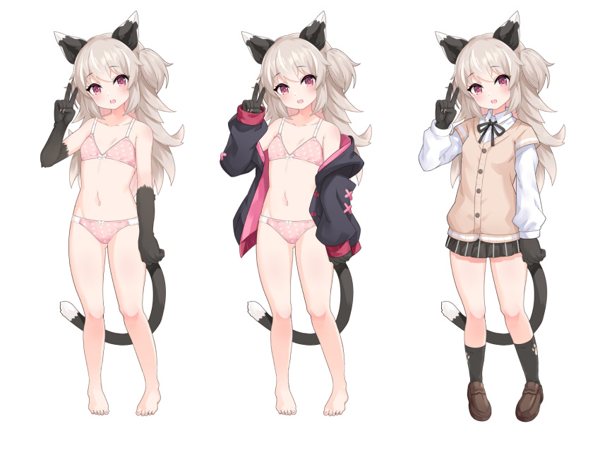 1girl animal_ears animal_hands bangs bare_legs bare_shoulders barefoot black_jacket black_legwear black_ribbon black_skirt bow bow_bra bow_panties bra breasts brown_footwear brown_hair cardigan_vest cat_ears cat_girl cat_tail collarbone collared_shirt dress_shirt eyebrows_visible_through_hair hand_up highres hood hood_down hooded_jacket jacket loafers long_hair long_sleeves multiple_views navel neck_ribbon open_clothes open_jacket open_mouth original panties pink_bra pink_panties pleated_skirt puffy_long_sleeves puffy_sleeves red_eyes ribbon shirt shoes simple_background skirt sleeves_past_wrists small_breasts socks tail two_side_up ug_(nekonekodou) underwear underwear_only v very_long_hair white_background white_shirt