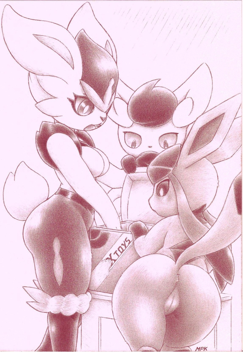 breasts butt cinderace eeveelution female feral fullfolka genitals glaceon graphite_(artwork) group hi_res humanoid meowstic monochrome nintendo pencil_(artwork) pok&eacute;mon pok&eacute;mon_(species) pussy simple_background traditional_media_(artwork) trio video_games