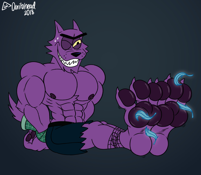 2018 abs anthro areola arms_tied artist_name bernard_(ok_k.o.!_lbh) biceps bodily_fluids bottomwear bound canid canine canis cartoon_network clothed clothing digital_media_(artwork) doritohead dot_eyes feet foot_fetish foot_focus foot_play foot_tickling fur hi_res legs_tied male mammal mature_anthro mature_male muscular muscular_anthro muscular_male nipples ok_k.o.!_let's_be_heroes one_eye_closed pawpads pecs purple_body purple_fur sharp_teeth shorts signature simple_background simple_eyes sitting smile solo sweat teeth tickling toes topless topless_anthro topless_male were werecanid werecanine werewolf wolf yellow_sclera