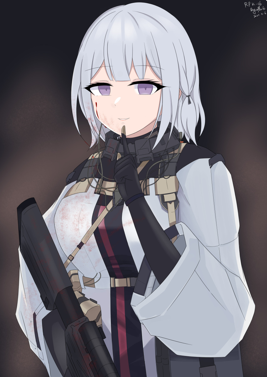 1girl absurdres bangs blood blood_on_clothes blood_on_face breasts character_name commentary_request dated eyebrows_visible_through_hair girls'_frontline gloves gun highres long_sleeves looking_at_viewer machine_gun parted_lips purple_eyes rpk-16 rpk-16_(girls'_frontline) ruoyun short_hair signature silver_hair smile solo tactical_clothes upper_body weapon