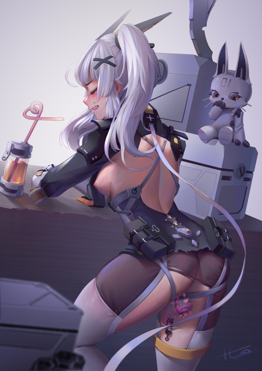 absurdres armor armored_dress ass back blush breasts breasts_out clenched_teeth closed_eyes cowboy_shot dress drink feet from_behind h.an_(516635864) highres leaning_on_table legs lips long_hair looking_at_viewer looking_back medium_breasts nipples pantyhose punishing:_gray_raven sex_toy sideboob silly_straw silver_hair sweat teeth thighhighs torn_clothes twintails vibrator
