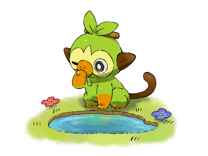 2020 ambiguous_gender belly black_eyes crouching drinking elemental_creature feral flora_fauna flower fur grass green_body green_fur grookey hi_res leaf mammal minamo_(pixiv17726065) nintendo one_eye_closed plant pok&eacute;mon pok&eacute;mon_(species) pond primate simple_background slightly_chubby solo stick video_games water white_background