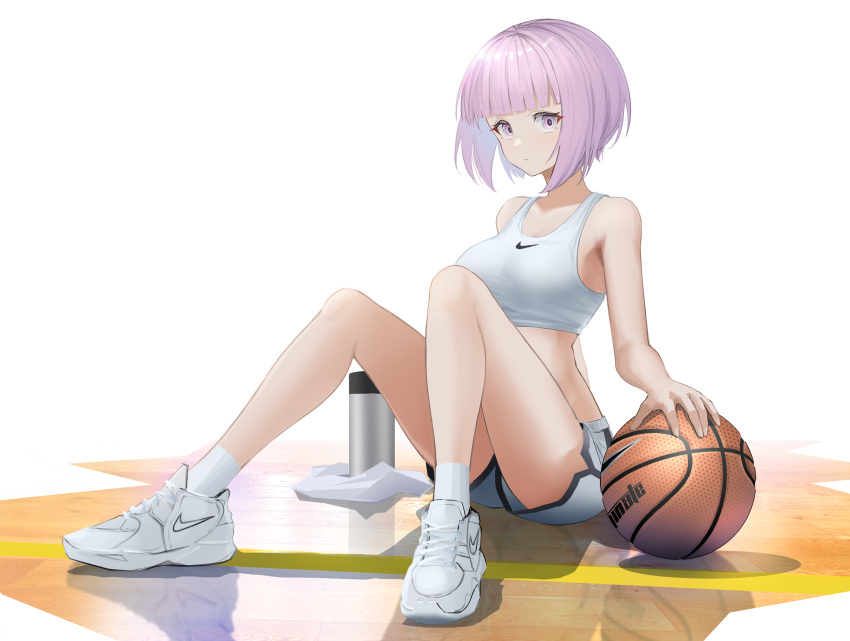 1girl ass bangs bare_shoulders basketball basketball_court blunt_bangs bob_cut bra breasts closed_mouth expressionless full_body highres large_breasts looking_at_viewer midriff nike original product_placement purple_eyes purple_hair shiny_floor shoes short_hair short_shorts shorts sitting sneakers socks solo sports_bra sportswear sthk thermos underwear white_bra white_footwear white_legwear white_shorts