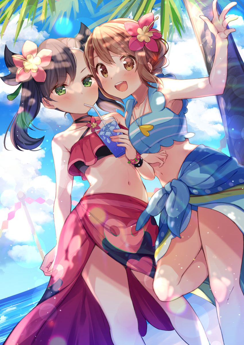 2girls :d asymmetrical_bangs bangs bare_arms black_hair blue_sarong blue_shirt blush bracelet brown_eyes brown_hair cloud commentary_request cup day drinking drinking_straw flower glass gloria_(pokemon) green_eyes hair_flower hair_ornament hand_up highres holding holding_cup jewelry kisukekun knees locked_arms marnie_(pokemon) multiple_girls navel necklace official_alternate_costume open_mouth outdoors pink_flower pokemon pokemon_(game) pokemon_masters_ex sarong shirt short_hair sky sleeveless sleeveless_shirt smile swimsuit teeth tongue upper_teeth