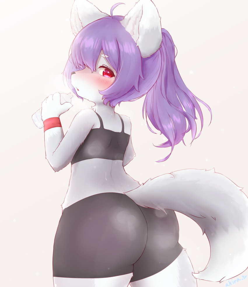 2022 4_fingers absurd_res ahoge akira_3r anthro athletic_wear big_butt bike_shorts blush bottle bottomwear bra butt canid canine canis claws clothed clothing female finger_claws fingers fur grey_body grey_fur hair hi_res holding_bottle holding_object kemono looking_at_viewer looking_back mammal ponytail portrait purple_hair red_eyes shorts signature simple_background solo spandex sports_bra three-quarter_portrait tight_clothing translated_description underwear wide_hips wolf wristband