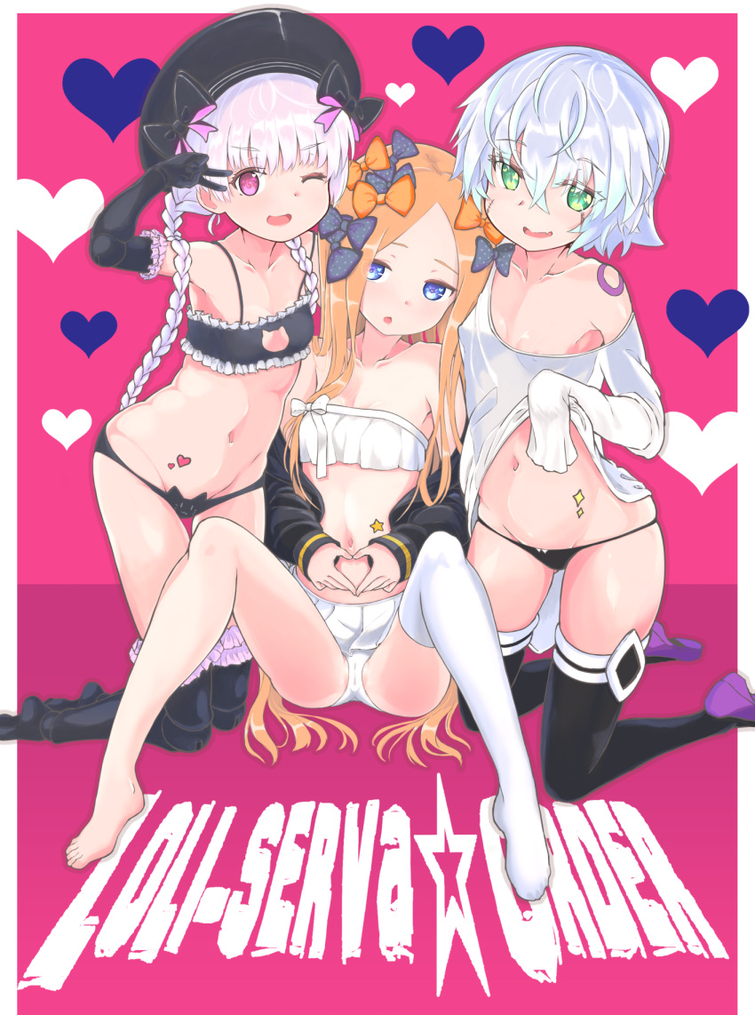 3girls abigail_williams_(fate) bare_shoulders black_bow black_headwear black_legwear black_shirt blonde_hair blue_eyes blush bow cat_lingerie cover cover_page doll_joints eyebrows_visible_through_hair fate/apocrypha fate/extra fate/grand_order fate_(series) frills gaku495 green_eyes grey_hair hair_between_eyes hair_bow hat heart highres jack_the_ripper_(fate/apocrypha) joints long_hair long_sleeves meme_attire multiple_bows multiple_girls multiple_hair_bows navel nipple_slip nipples nursery_rhyme_(fate) one_eye_closed open_mouth orange_bow pink_eyes polka_dot polka_dot_bow shirt sidelocks single_thighhigh smile thighhighs v very_long_hair