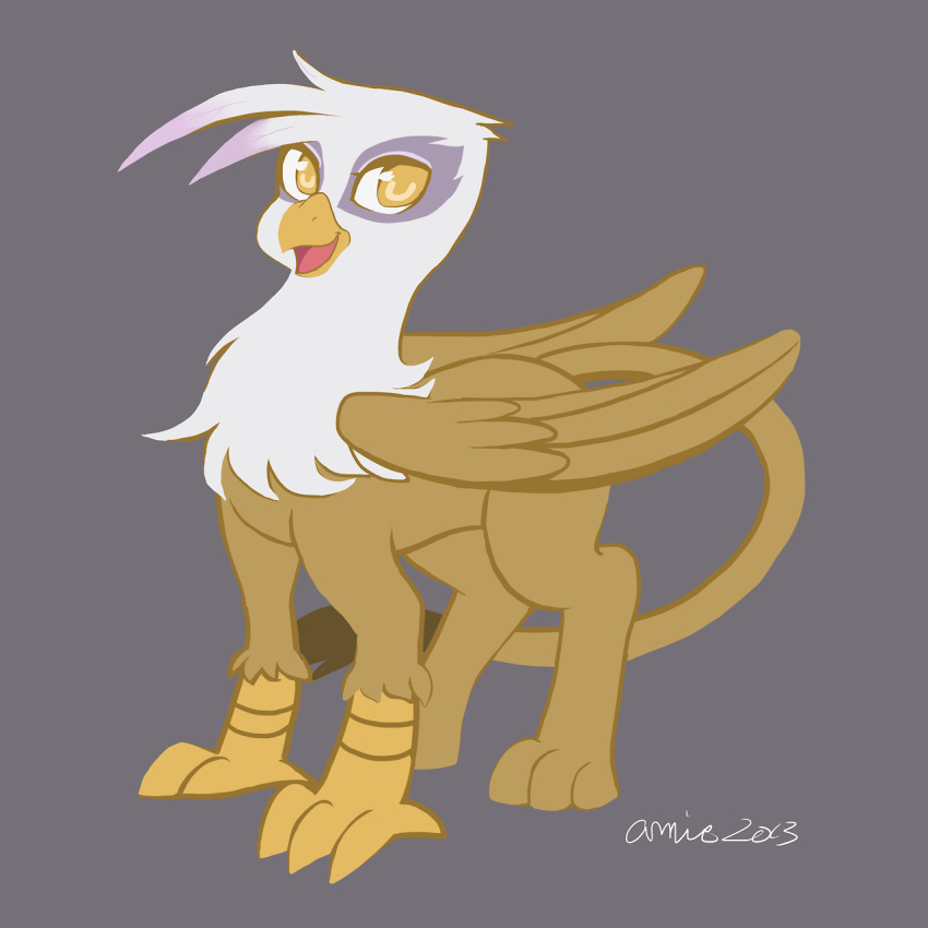 amnestie avian beak brown_body brown_feathers feathers female feral friendship_is_magic gilda_(mlp) grey_background gryphon hasbro hi_res long_tail my_little_pony mythological_avian mythology open_mouth simple_background solo standing white_body white_feathers wings yellow_eyes