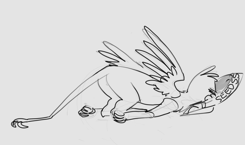 alumx ambiguous_gender avian bowl butt container eyes_closed feathered_wings feathers feral gryphon hi_res long_tail lying monochrome mythological_avian mythology sketch sleeping solo wings