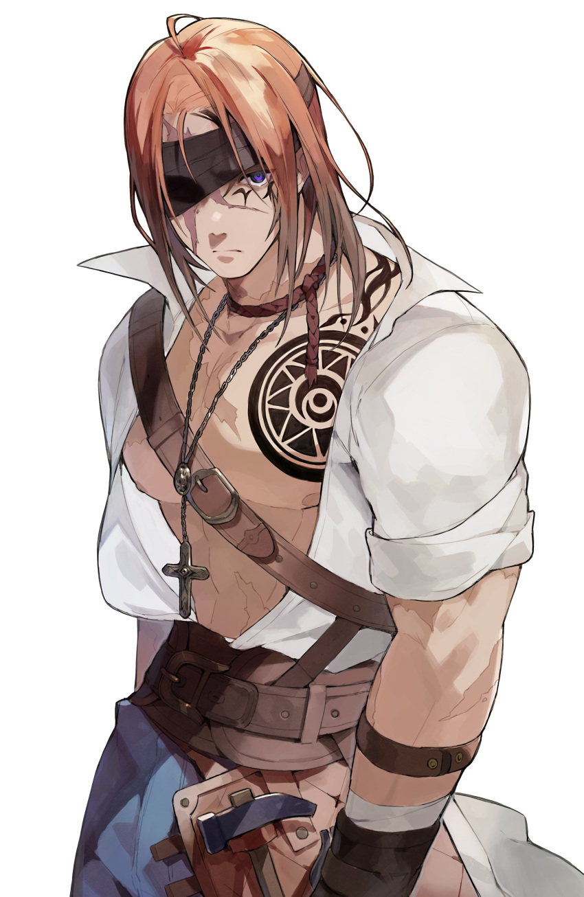 1boy absurdres ahoge bandage_over_one_eye bandaged_arm bandages bare_pectorals belt brown_belt brown_hair chain_necklace chest_tattoo closed_mouth collarbone cross cross_necklace eyes_visible_through_hair facial_tattoo hakasesuitchi hammer highres jewelry looking_at_viewer male_focus medium_hair necklace original pectorals purple_eyes rope scar scar_on_arm scar_on_chest scar_on_face scar_on_stomach shirt_tucked_in simple_background sleeves_rolled_up solo tattoo white_background