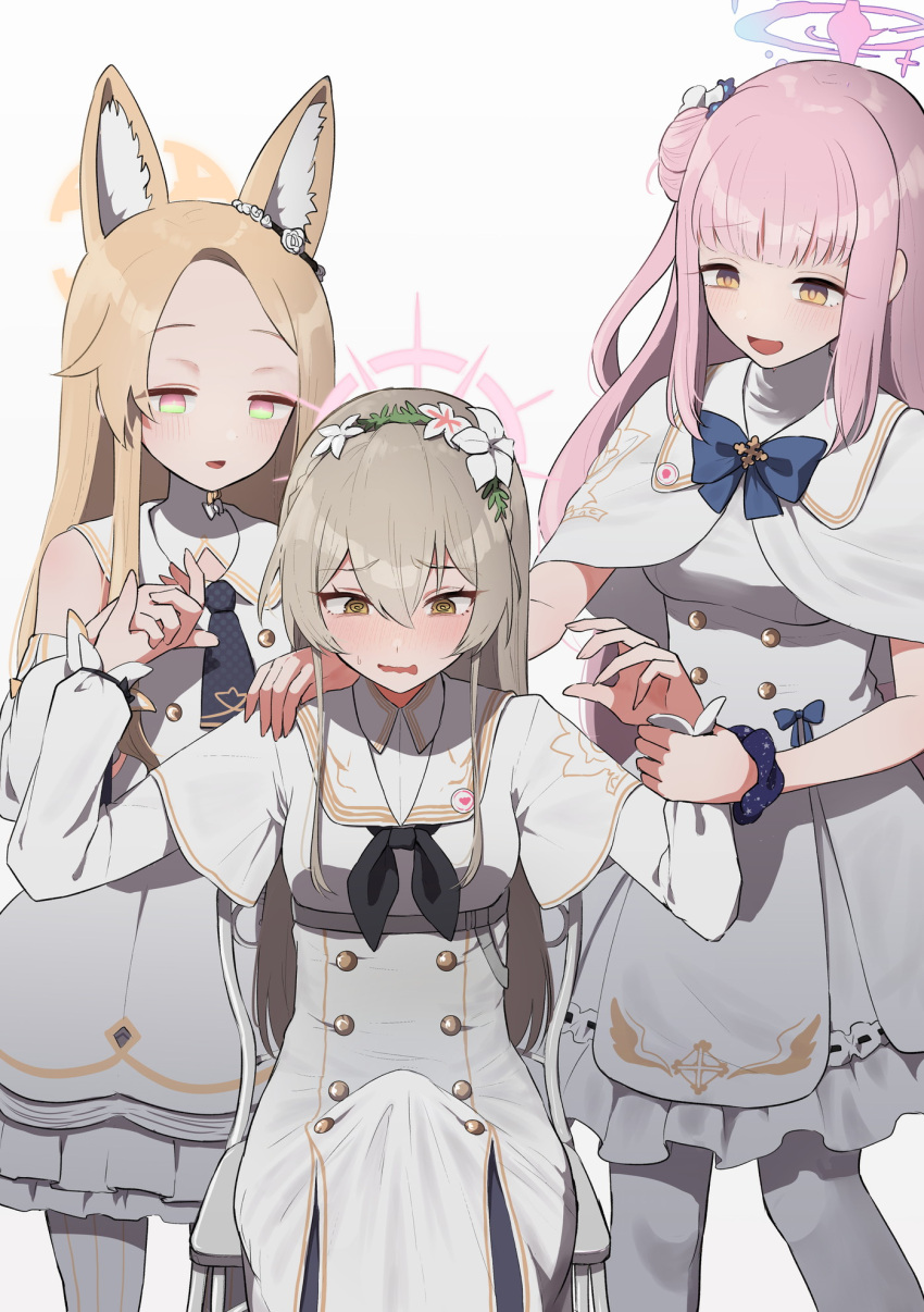 3girls @_@ animal_ear_fluff animal_ears bare_shoulders blonde_hair blue_archive blush bulge capelet chair detached_sleeves dress erection erection_under_clothes eyebrows_visible_through_hair flower fox_ears futanari hair_between_eyes hair_flower hair_ornament halo hand_on_another's_shoulder highres holding_another's_wrist long_hair long_sleeves mika_(blue_archive) mottirimuttiri multiple_girls nagisa_(blue_archive) open_mouth pink_hair sailor_collar scrunchie seia_(blue_archive) side_bun simple_background sitting white_background white_capelet white_dress white_legwear wrist_scrunchie yellow_eyes