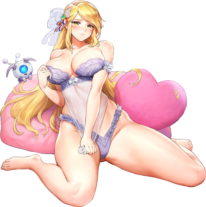 1girl blonde_hair blush bra breasts full_body game_cg green_eyes highres indomitable_marie kakiman large_breasts last_origin lingerie long_hair looking_at_viewer official_art panties pillow sitting solo tachi-e transparent_background underwear wariza
