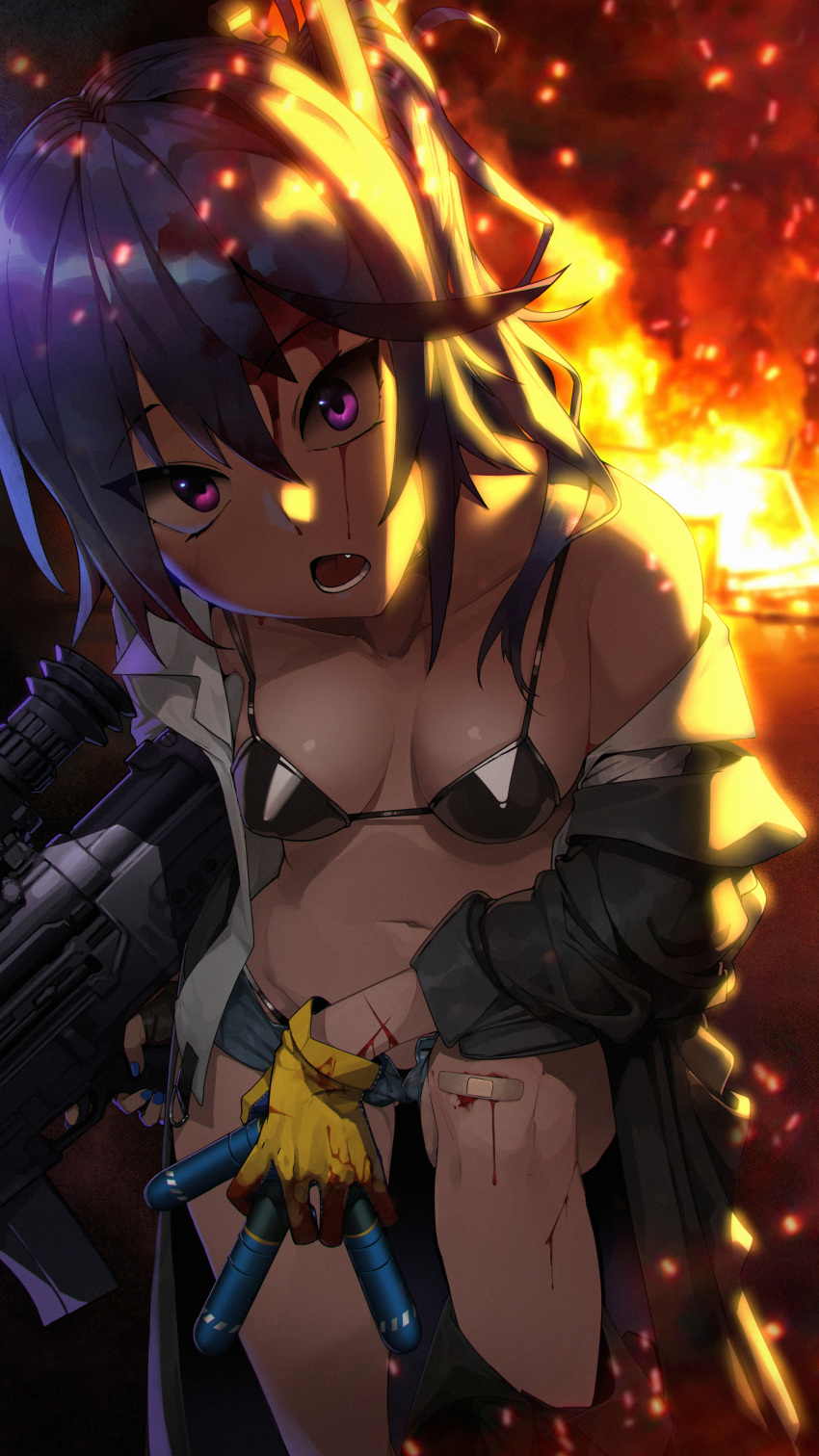 1girl absurdres asymmetrical_gloves bandaid bandaid_on_knee bandaid_on_leg bikini black_bikini black_gloves blood blue_hair blue_nails breasts coat collarbone cuts daewoo_k11 denim denim_shorts fingerless_gloves fire girls'_frontline gloves gun hair_between_eyes highres holding holding_gun holding_weapon injury k11_(girls'_frontline) long_hair looking_at_viewer lower_teeth medium_breasts mismatched_gloves nail_polish navel off_shoulder open_mouth purple_eyes sd_bigpie short_shorts shorts solo swimsuit teeth weapon yellow_gloves