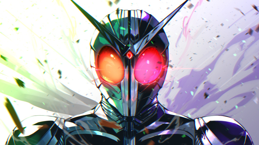 1boy armor debris heterochromia highres kamen_rider kamen_rider_double kamen_rider_w kuri_giepi lens_flare orange_eyes red_eyes scarf solo tokusatsu v-fin