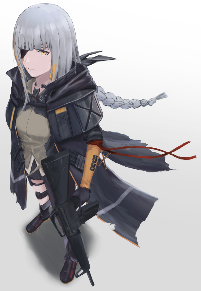 1girl absurdres assault_rifle bangs braid commentary_request eni_rei eyepatch full_body girls'_frontline gloves grey_hair gun highres holding holding_gun holding_weapon jacket long_hair looking_at_viewer m16 m16a1_(boss)_(girls'_frontline) miniskirt mole mole_under_eye multicolored_hair open_clothes open_jacket orange_eyes orange_hair pleated_skirt rifle scar scar_across_eye scar_on_face shadow skirt solo standing streaked_hair weapon