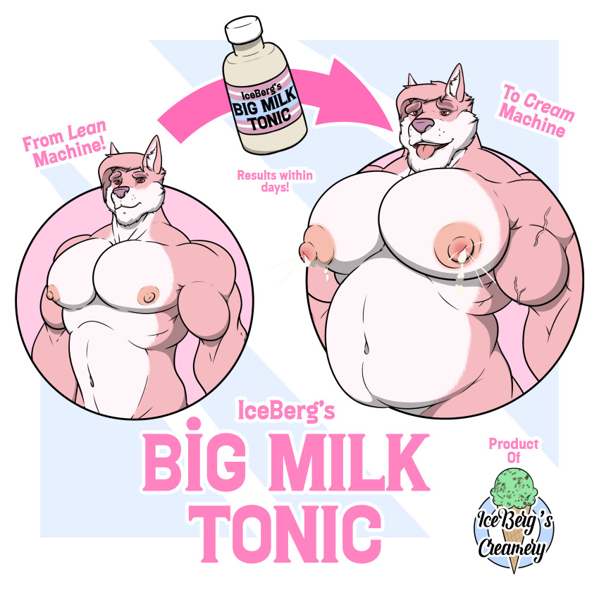 1ceberg absurd_res advertisement anthro belly big_nipples big_pecs bodily_fluids canid expansion growth hi_res lactating looking_at_viewer male male_lactation mammal milk muscle_growth musclegut muscular muscular_male nipples nude overweight pecs pink_body size_transformation solo tongue tongue_out transformation