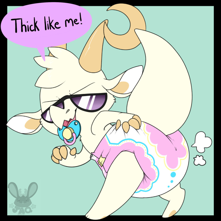 1:1 ambiguous_gender anthro biped blue_diaper blue_pacifier chikn_nuggit diaper english_text eyewear fur fwench_fwy_(chikn_nuggit) hand_on_diaper hi_res horn jaqrabbit_(artist) multicolored_diaper open_mouth pacifier pink_diaper simple_background solo speech_bubble standing sunglasses text touching_diaper wearing_diaper white_diaper white_inner_ear yellow_body yellow_diaper yellow_fur yellow_tail