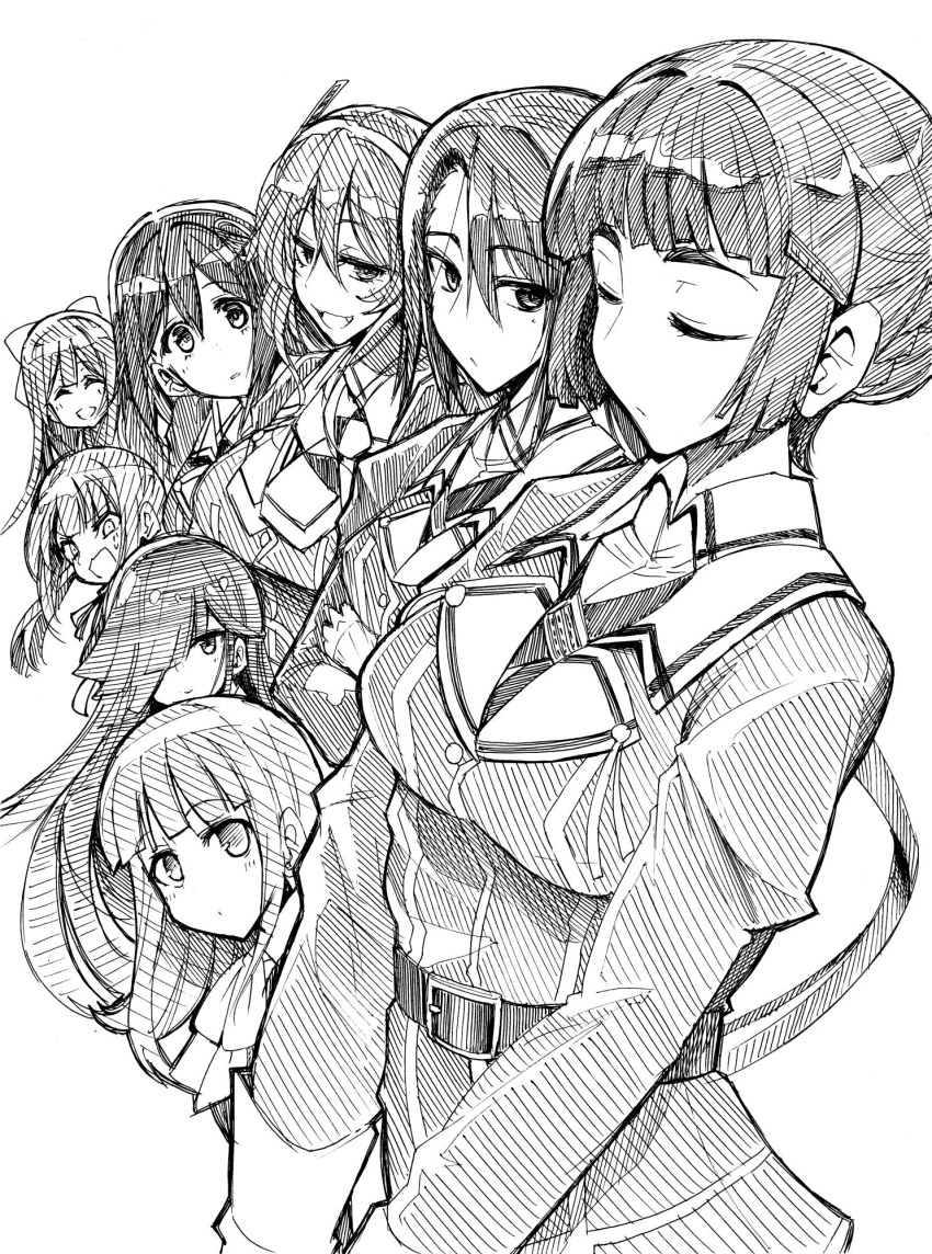 6+girls ^_^ ashigara_(kancolle) ashigara_kai_ni_(kancolle) bangs belt black_hair blunt_bangs bow closed_eyes commentary eyebrows_visible_through_hair fang from_side greyscale haguro_(kancolle) haguro_kai_ni_(kancolle) hair_between_eyes hair_bow hair_bun hair_ornament hair_over_one_eye hairband hairclip hatsukaze_(kancolle) hayashimo_(kancolle) highres kamikaze_(kancolle) kantai_collection kasumi_(kancolle) long_hair looking_at_viewer monochrome multiple_girls myoukou_(kancolle) myoukou_kai_ni_(kancolle) nachi_(kancolle) nachi_kai_ni_(kancolle) side_ponytail smile tsuji_kazuho wavy_hair