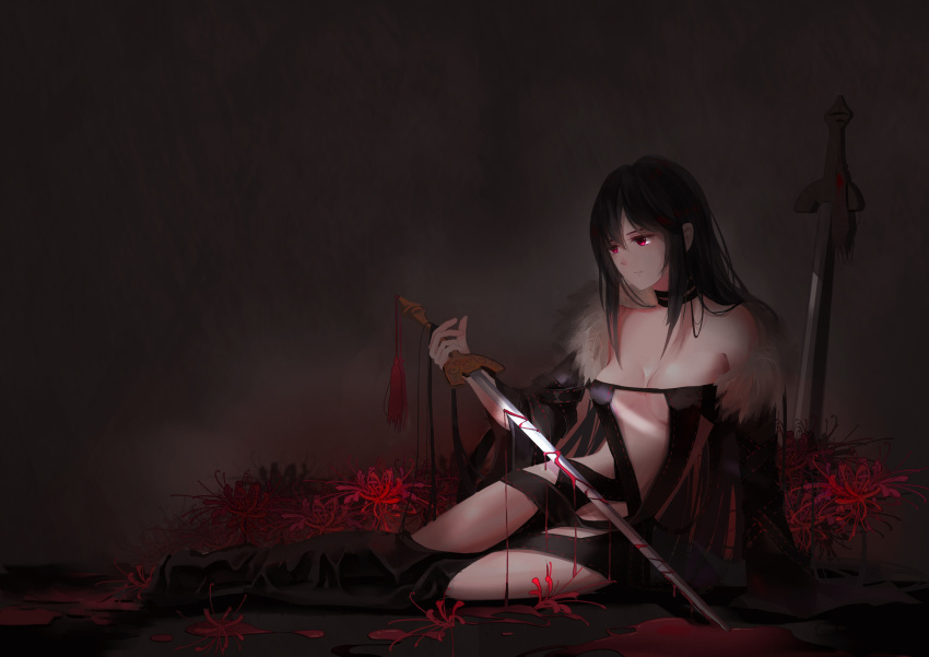 1girl bangs bare_shoulders black_hair breasts cleavage fate/grand_order fate_(series) flower highres holding holding_sword holding_weapon long_hair looking_to_the_side lying red_eyes red_flower serra solo sword weapon yu_mei-ren_(fate)