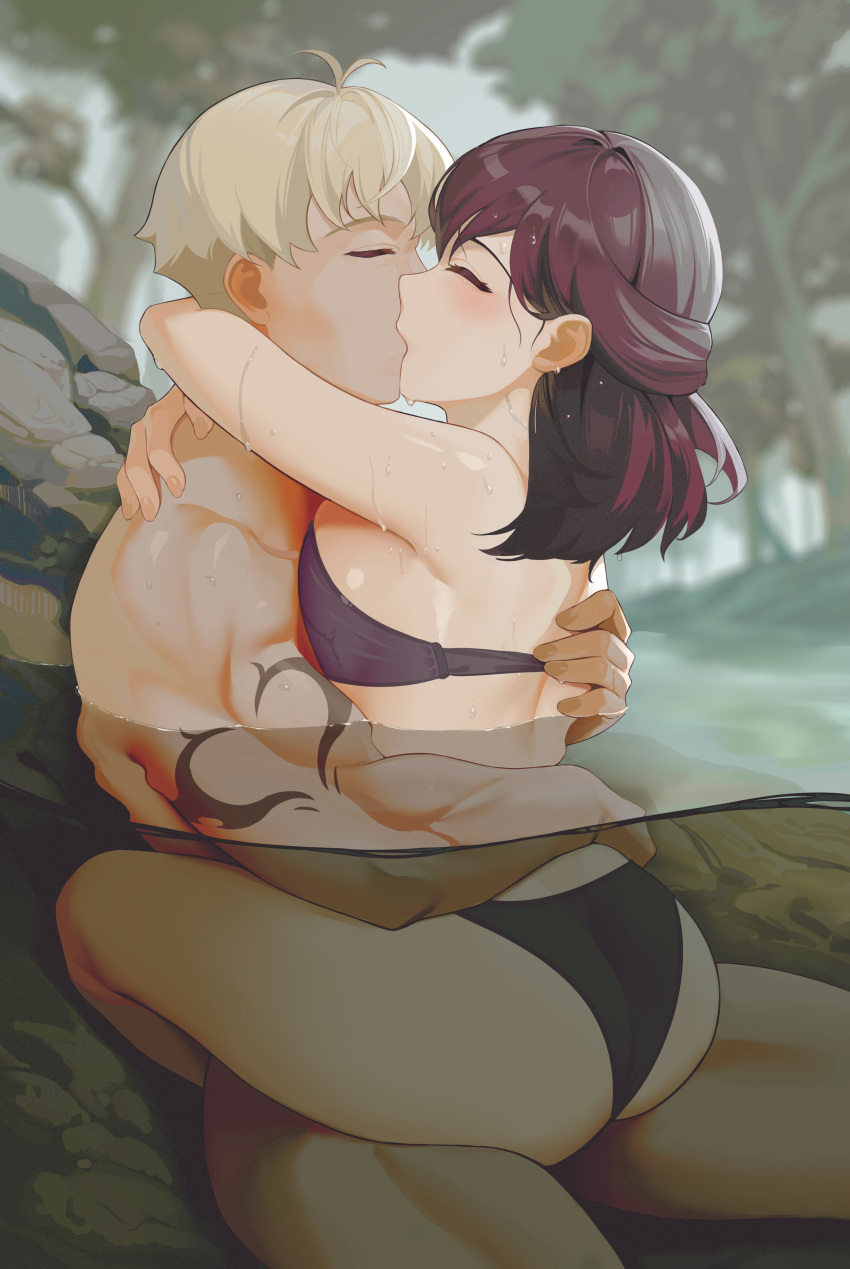 1boy 1girl absurdres antenna_hair arm_tattoo ass bangs bikini black_bikini blonde_hair blush breast_press breasts brown_hair character_request closed_eyes clothed_female_nude_male commentary_request facing_another hetero highres hug kiss large_breasts medium_hair muscular muscular_male mutual_hug nude outdoors partially_submerged rwby short_hair sitting sitting_on_person swimsuit tattoo wangxiii wet
