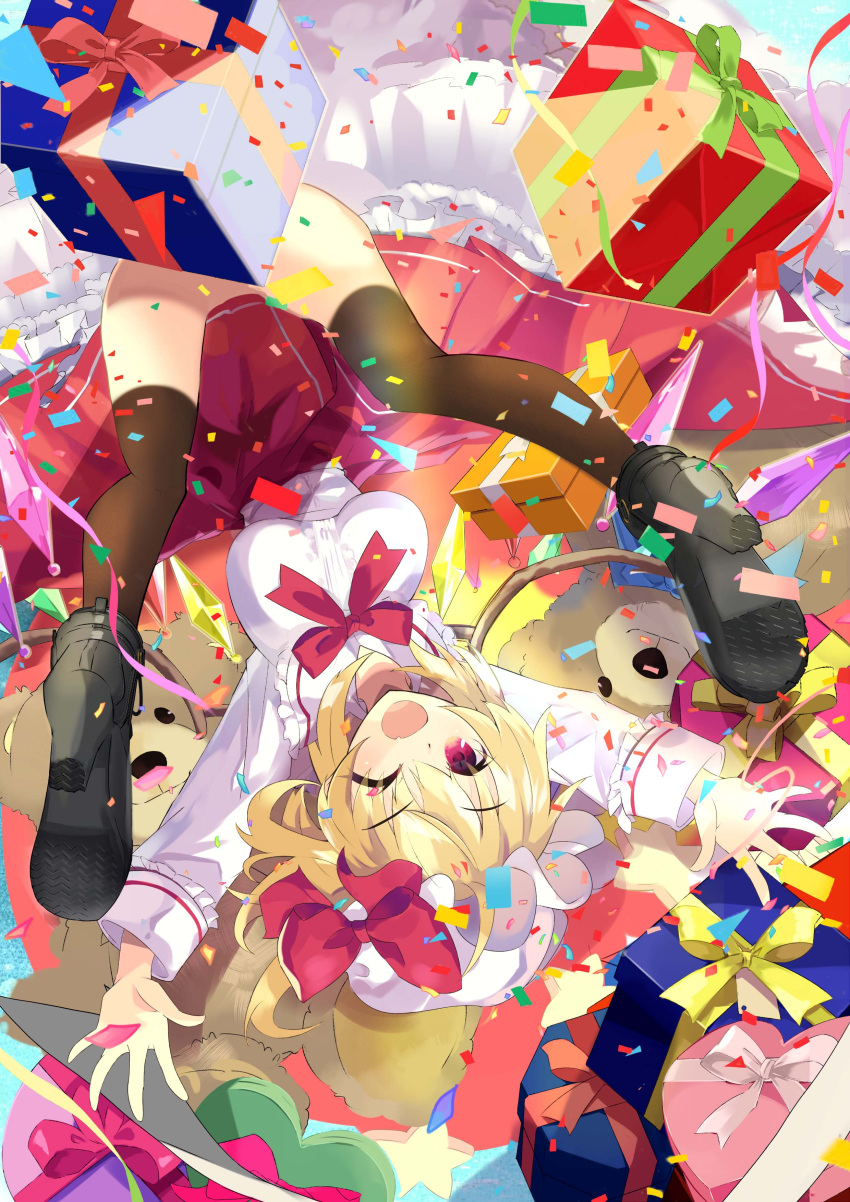 1girl ;o absurdres bangs black_footwear black_legwear blonde_hair bow box breasts confetti eyebrows_visible_through_hair flandre_scarlet full_body gift gift_box hat heart-shaped_box highres long_sleeves looking_at_viewer mob_cap no_panties one_eye_closed one_side_up red_bow red_eyes red_skirt short_hair skirt solo tetsurou_(fe+) thighhighs touhou white_headwear