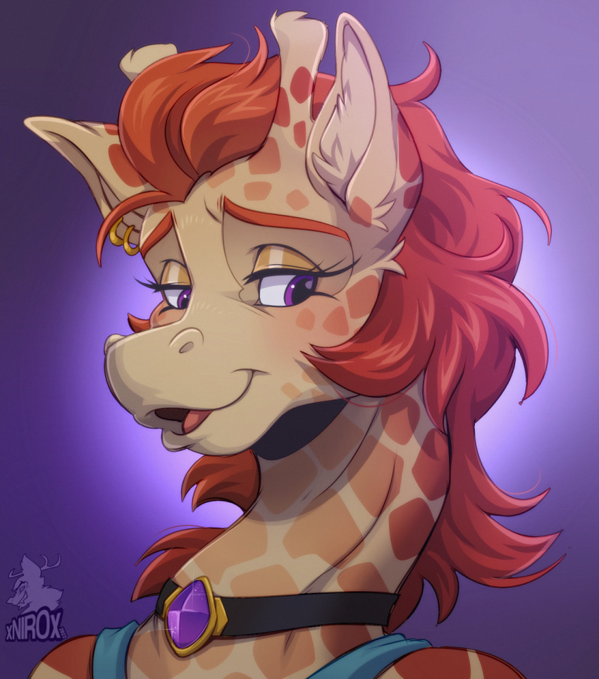 anthro bust_portrait choker conditional_dnp ear_piercing ear_ring female gem giraffe giraffid hi_res horn jewelry legend_of_ahya mammal marle_talbender_(darkflamewolf) necklace piercing portrait smile solo xnirox