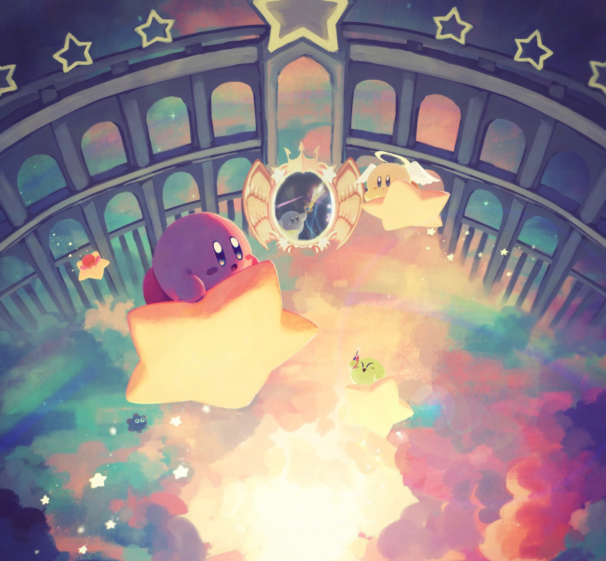 angel_wings blue_eyes blush_stickers cellphone cloud dimension_mirror gooey_(kirby) halo highres kirby kirby_(series) kirby_and_the_amazing_mirror phone pillar shadow_kirby star_(symbol) suyasuyabi sword warp_star weapon wings