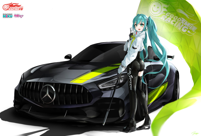 1girl 73r1r1 :d absurdres aqua_hair ass asymmetrical_clothes black_bodysuit black_footwear black_gloves black_legwear bodysuit boots car character_name copyright crop_top crypton_future_media english_commentary flag from_side full_body gloves goodsmile_racing green_eyes ground_vehicle hair_between_eyes hatsune_miku highres holding holding_flag long_hair long_sleeves looking_at_viewer mercedes-benz mercedes-benz_amg_gt mixed-language_commentary motor_vehicle racing_miku racing_miku_(2022) simple_background single_thigh_boot single_thighhigh smile solo thigh_boots thighhighs twintails vehicle_focus very_long_hair vocaloid white_background