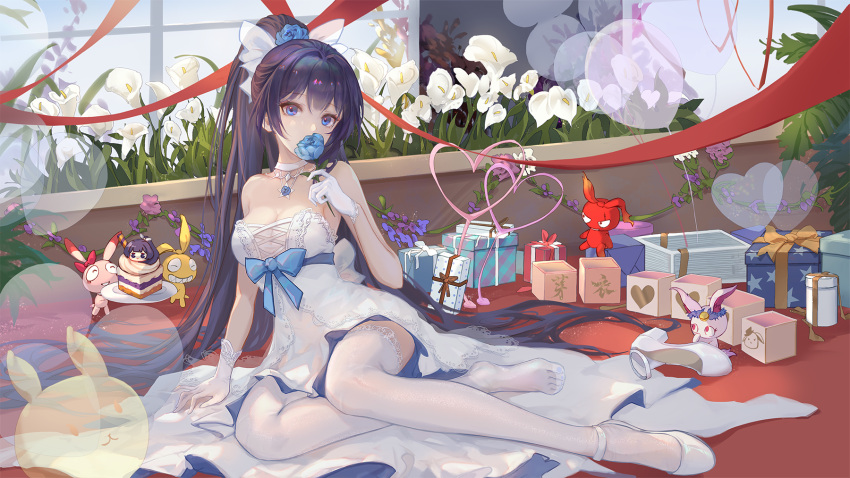 1girl balloon bangs blue_flower blue_rose breasts cake cake_slice choker cleavage dress flower food full_body gift gloves hair_flower hair_ornament happy_birthday high_heels highres holding holding_flower homei_(honkai_impact) homu_(honkai_impact) honkai_(series) honkai_impact_3rd looking_at_viewer purple_eyes purple_hair raiden_mei raiden_mei_(valkyrie_bladestrike) rose shoes single_shoe sitting solo strapless strapless_dress taichi_(yirkorn) thighhighs white_choker white_dress white_flower white_footwear white_gloves white_legwear