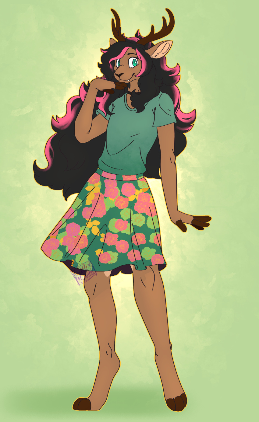absurd_res anthro antlers bottomwear clothed clothing conditional_dnp cubble_chubb ears_up fangs female flower_pattern fur hair hi_res highlights_(coloring) horn multicolored_body multicolored_fur paws shirt skirt solo t-shirt topwear