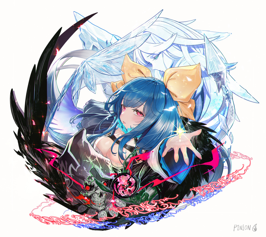 1boy 2girls angel_wings artist_name asymmetrical_wings bangs belt blue_eyes blue_hair breasts cleavage dizzy_(guilty_gear) energy eyebrows_visible_through_hair fingernails guilty_gear guilty_gear_xrd hair_ribbon highres ice large_breasts long_hair magic magic_circle mature_female monster_girl multiple_girls necro_(guilty_gear) open_hand outstretched_arm pinion red_eyes ribbon simple_background skull twintails undine_(guilty_gear) white_background wings yellow_ribbon