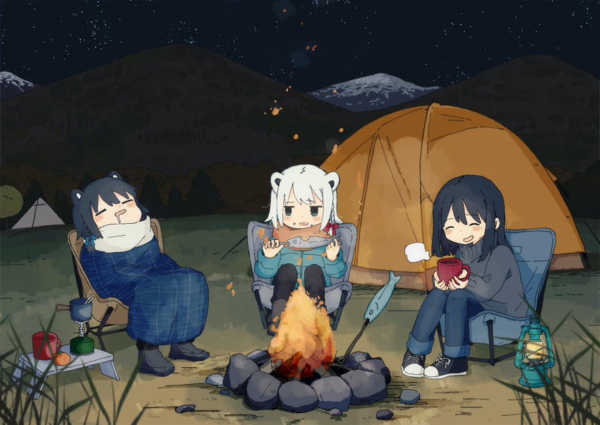 156m 3girls alternate_costume animal_ears bear_ears black_hair boots braid campfire camping chair cinders cup denim eating fish folding_chair food food_on_face fruit grass grilled_fish hair_ribbon highres holding holding_cup indie_virtual_youtuber jeans jitome kumagai_chihiro_(kumagai_chisato) kumagai_chisato lantern laughing mandarin_orange mountain multiple_girls night outdoors pants parka red_ribbon ribbon risuna_(kumagai_chisato) scarf shoes short_hair siblings single_braid sisters sitting skewer sky sleeping smile sneakers star_(sky) starry_sky steam sweater table tent white_hair wrapped_up