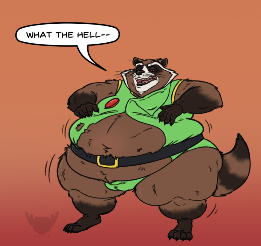 2019 anthro basicbiscuit belly belt big_belly bulge claws clothing dialogue fangs fur green_clothing guardians_of_the_galaxy hi_res looking_down male mammal marvel navel obese obese_anthro obese_male open_mouth overweight overweight_anthro overweight_male procyonid raccoon raised_tail rocket_raccoon solo spread_legs spreading text thick_thighs toe_claws tongue whiskers wide_hips