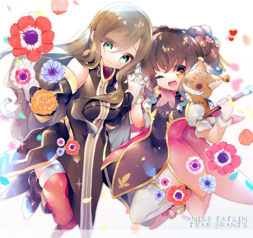 2girls anise_tatlin bare_shoulders black_hair blue_eyes boots brown_hair detached_sleeves dress gloves high_collar highres holding_hands long_hair looking_at_viewer multiple_girls one_eye_closed orange_hair petals red_legwear smile tales_of_(series) tales_of_the_abyss tear_grants thighhighs tokunaga twintails white_gloves yun_(dust-i1)
