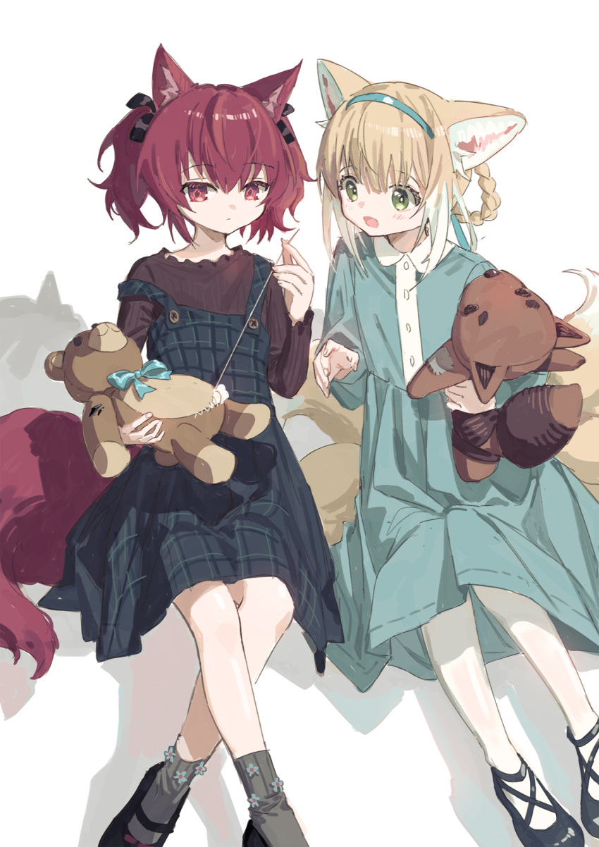 2girls :d alternate_costume animal_ear_fluff animal_ears arknights bangs black_dress black_footwear blonde_hair blue_dress blue_hairband braid brown_shirt closed_mouth collared_dress dress eyebrows_visible_through_hair fox_ears fox_girl fox_tail green_eyes grey_legwear hair_between_eyes hair_rings hairband highres kitsune long_sleeves multicolored_hair multiple_girls needle pantyhose red_(girllove) red_eyes red_hair sewing_needle shamare_(arknights) shirt shoes sleeveless sleeveless_dress smile socks stitching strap_slip stuffed_animal stuffed_dog stuffed_toy suzuran_(arknights) tail teddy_bear twintails two-tone_hair white_background white_hair white_legwear