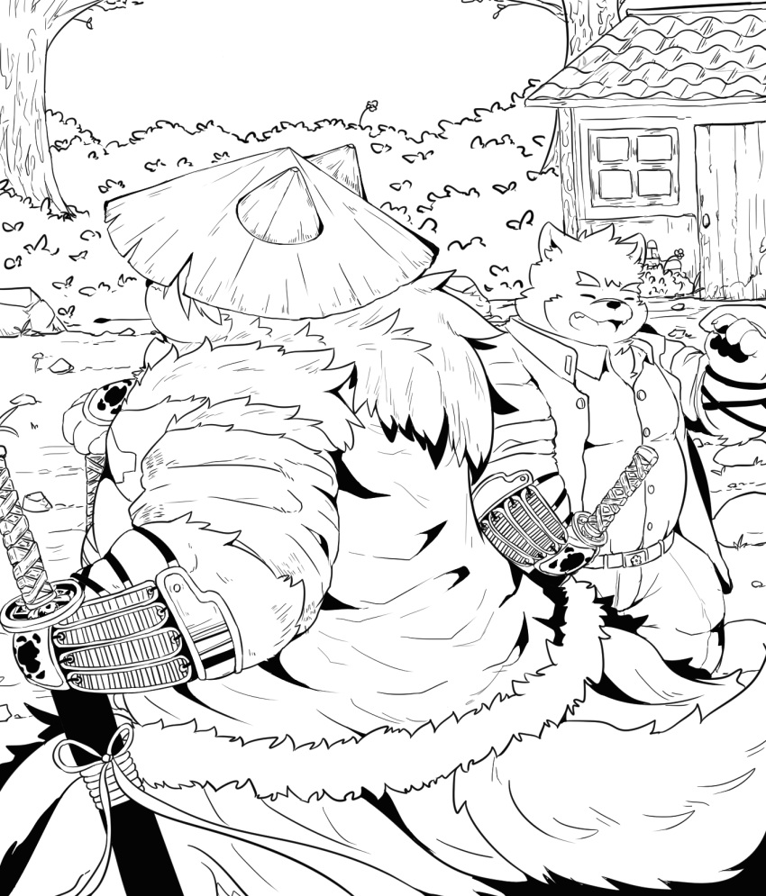 anthro arm_guards black_and_white cai_yuwang canid canine canis clothing detailed_background domestic_dog duo eyebrows hair hat headgear headwear hi_res katana lifewonders male mammal melee_weapon monochrome moritaka ponytail shino_(housamo) smile straw_hat sword thick_eyebrows tokyo_afterschool_summoners video_games weapon