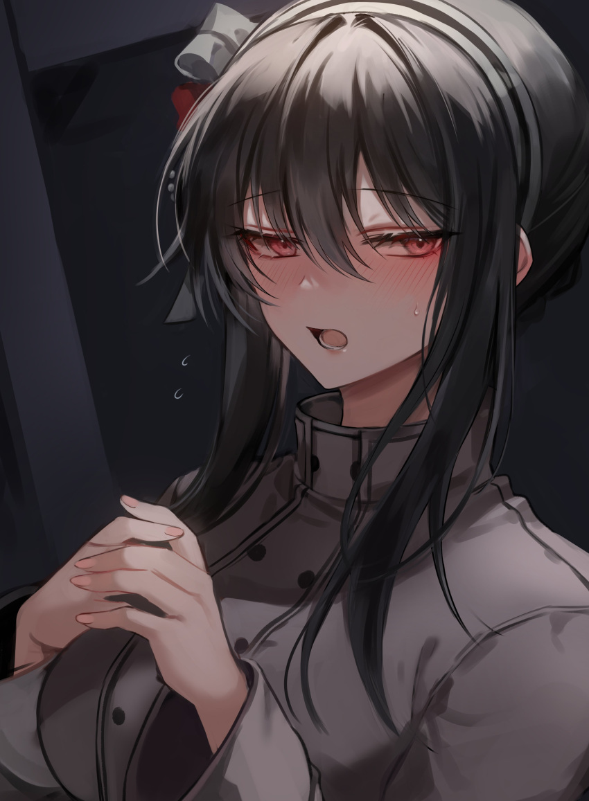 1girl absurdres bangs black_hair blush breasts commentary commentary_request eyebrows_visible_through_hair gz_(gyoju) hair_ornament hairband highres large_breasts long_sleeves looking_at_viewer medium_hair open_mouth own_hands_together red_eyes solo spy_x_family upper_body yor_briar